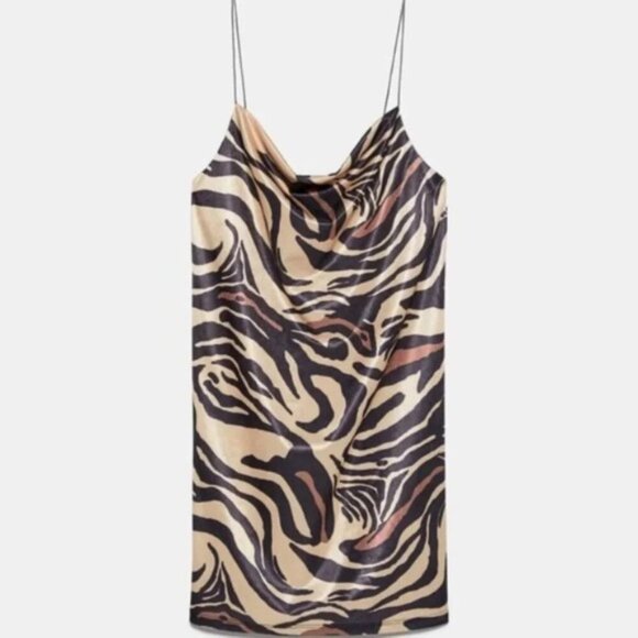Zara Tiger Animal Print Cowl Neck Satin Slip Mini Dress Size Medium Brown Tan - Picture 9 of 16